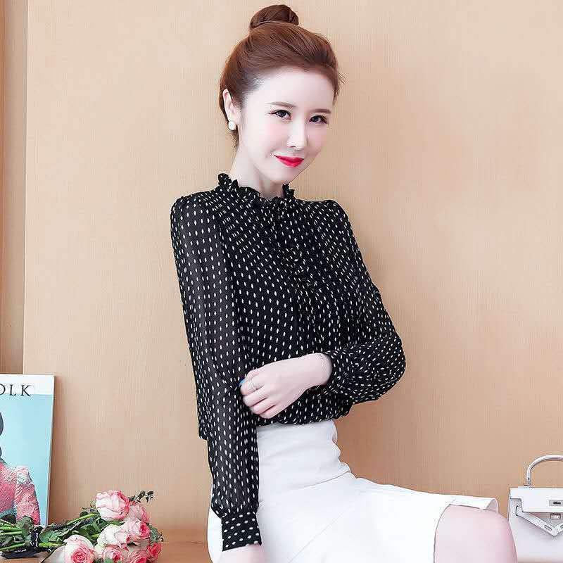 sixsr Women Spring Autumn Style Chiffon Blouses Shirts Lady Casual Long Sleeve O-Neck Polka Dot Printed Chiffon Blusas Tops