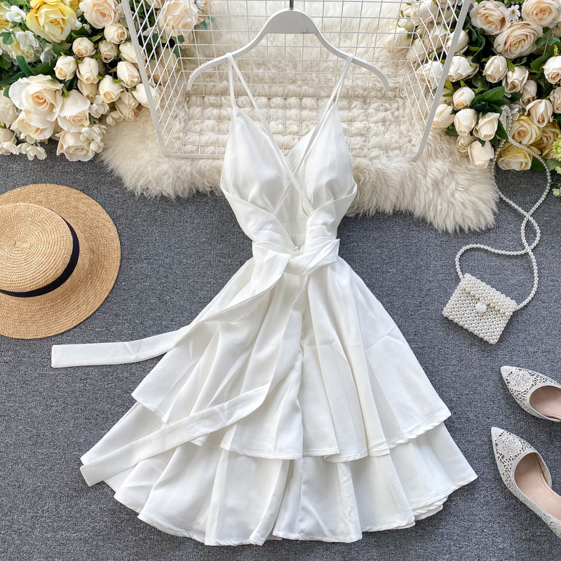 Sixsr Summer Spring Beach Holiday V-Neck Backless Lace Up Ruffles Cakes Solid Elegant Women Lady A-line High Waist Dress