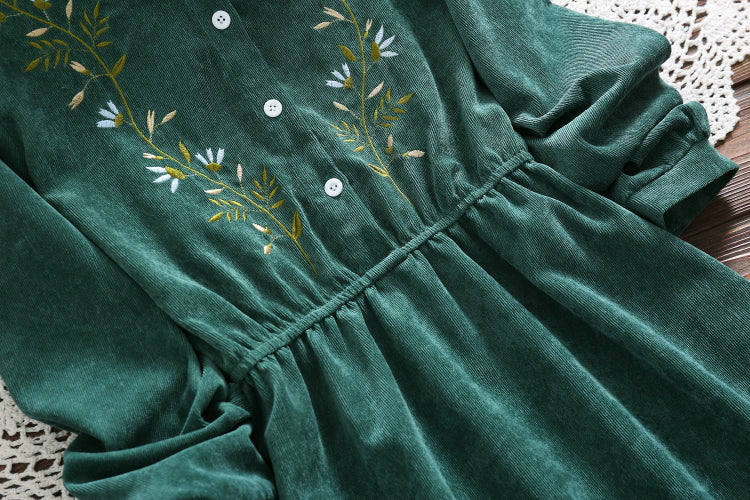 Sixsr Mori Girl Vintage Corduroy Women Shirt Dress Floral Embroidery Elegant Autumn Winter Dresses Midi Dresses For New Year
