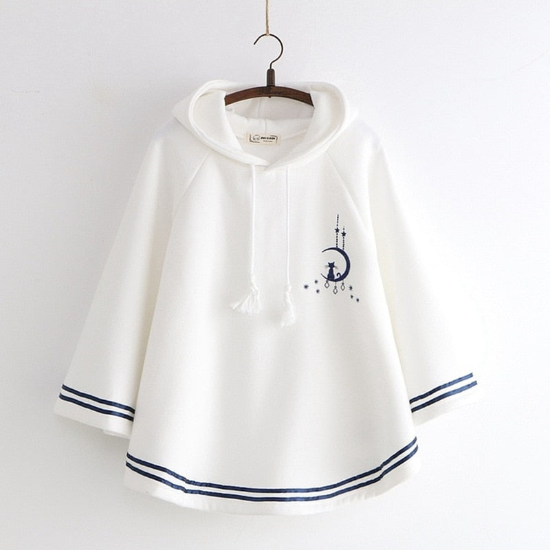 Sixsr Lolita Cloak Harajuku Hoody Cloak Japanese Angry Cat Christmas Deer Fleece Cape Loose Pullover Batwing Sleeve Hoodie Coat