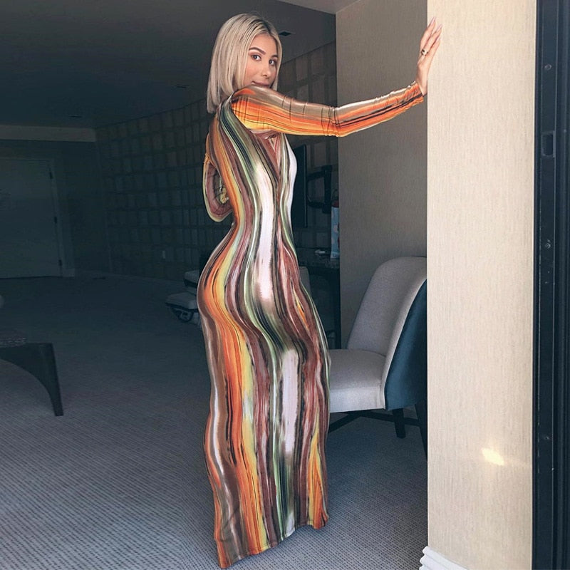 Sixsr Stripe Tie Dye Print Sexy Maxi Dress Spring Casual Long Dress Women Nightclub Long Sleeve Bodycon Dresses C70CC31