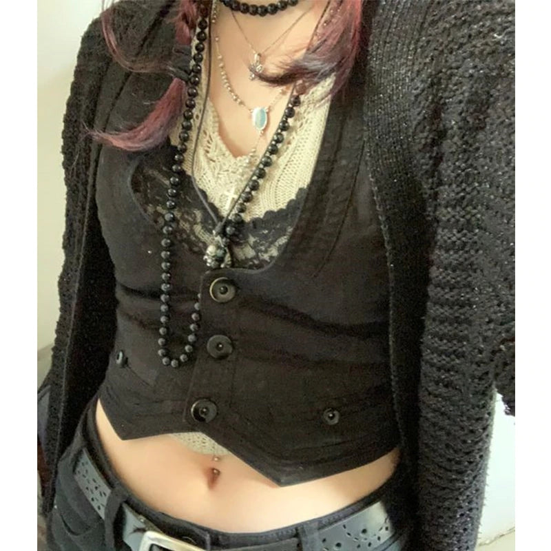Sixsr y2k Button Corset Top Black Sleeveless Tank Tops Skinny V Neck Aesthetic Punk Crop Top Grunge Fairycore Women Vests