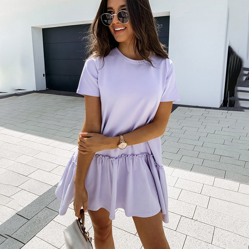 sixsr Fashion Trends Loose Casual Short Sleeve Mini Dress Women Summer O-neck White Black Ruffles Big Hem Beach Dresses For Woman Femme Robe
