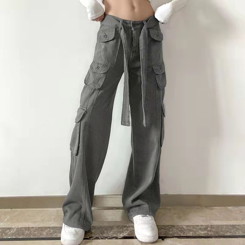 Sixsr Vintage Streetwear Cargo Pants Women Harajuku Street Loose Straight Women Jeans Casual Slim Versatile High Waisted Jeans Pants