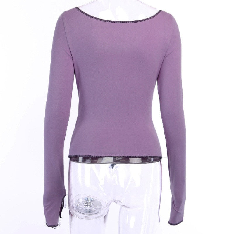 Sixsr Spring Outfits Sexy solid hollow out top long sleeve O-neck t-shirt woman casual Autumn Spring top