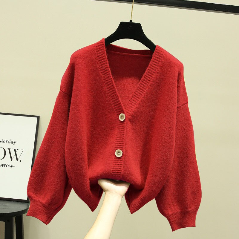 Sixsr Oversized Cardigan Women Spring Casual Solid V Neck Long Sleeve Cardigan Sweater Female Knit Jacket Coat Green Pink
