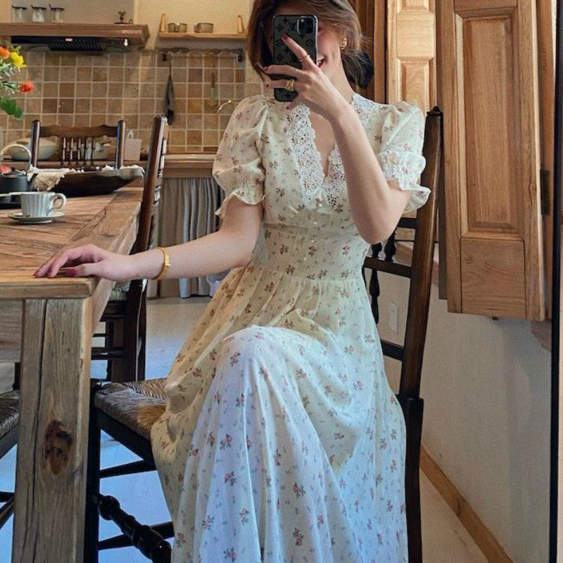 Sixsr Vintage Floral Dress Women Elegant Lace Chiffon Korean Party Dress Puff Sleeve V Neck Midi Dress Fall Dresses for Women