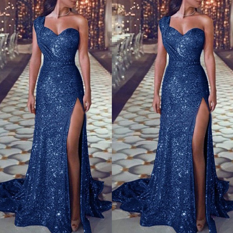 sixsr Big 5XL Fashion Women Dress Sequin Prom Party Fork Opening Ladies Dresses Ball Gown Sexy Gold Evening V-Neck Long Women Dress