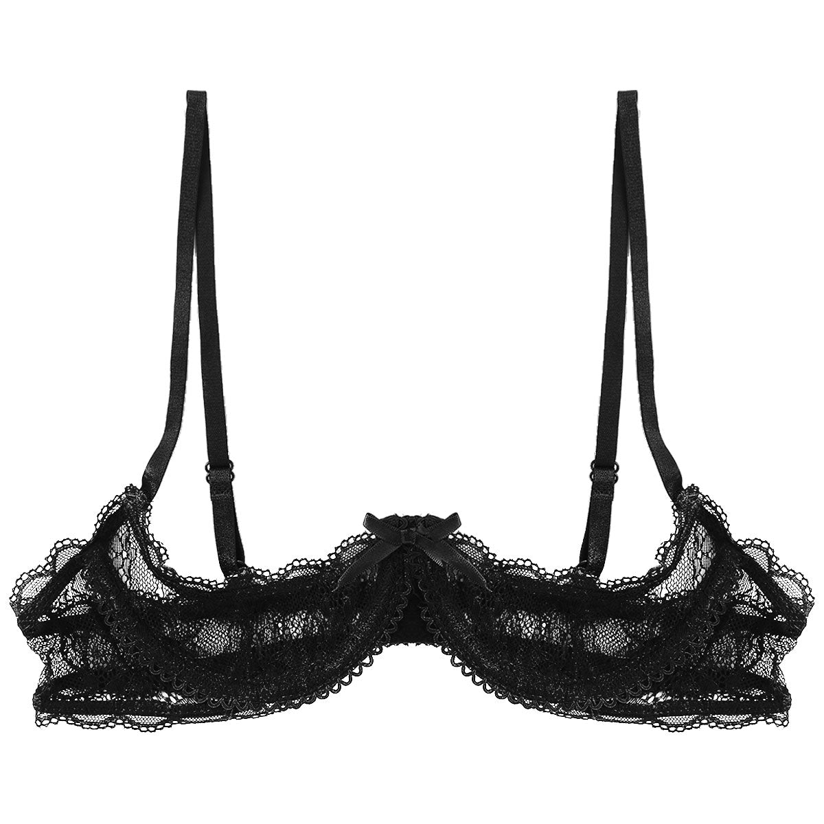 sixsr Women See Through Sheer Lace Hollow Out Lingerie Adjustable Spaghetti Shoulder Straps Open Cups Bra Push Up Underwire Bra Tops