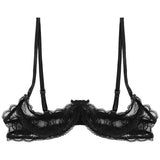 sixsr Women See Through Sheer Lace Hollow Out Lingerie Adjustable Spaghetti Shoulder Straps Open Cups Bra Push Up Underwire Bra Tops