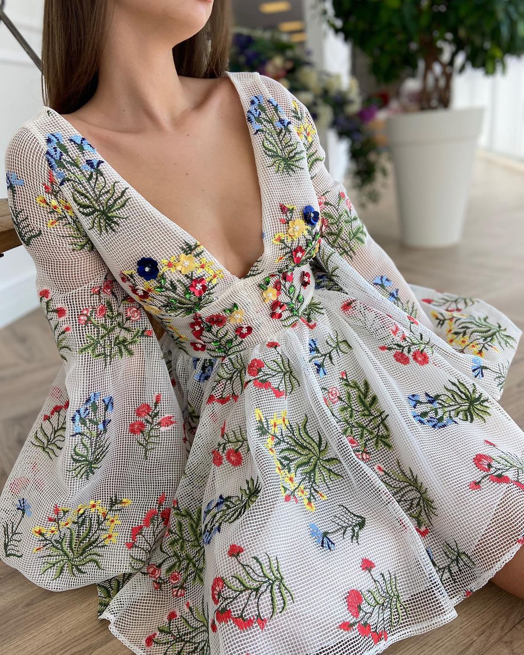 Sixsr Women's Dress Spring Mesh Floral Embroidery Sexy V-Neck Dresses Cute Lantern Sleeve Mini Dress