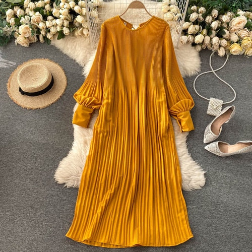 Vintage Pleated Chiffon Long Dress Women Casual Solid Pink/Green/Red O-Neck Draped Slim Vacation Vestidos Autumn Robe New