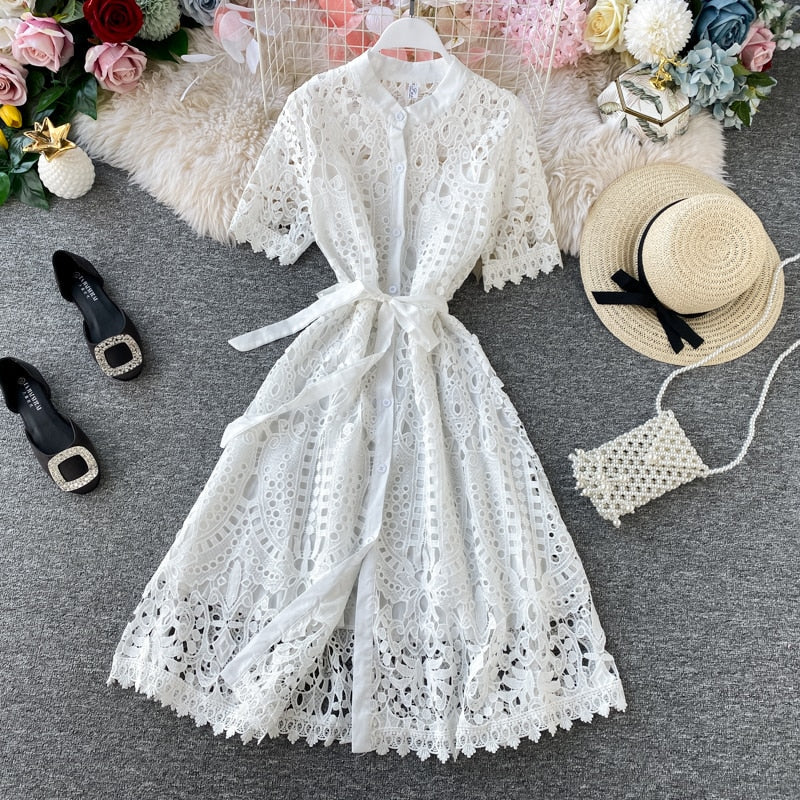 Sixsr Women Elegant Hollow Out Lace Dress Office Lady Summer Solid O-Neck Button up Sashes Midi Dress Female Chic Short Sleeve Dress