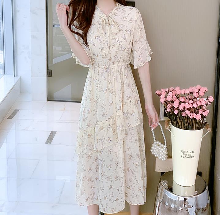 Sixsr Women Mini Dress Spring New V-neck Floral Chiffon Dress High Waist Flare Sleeve Female Dress Woman's Dress KarolyiDora KA88