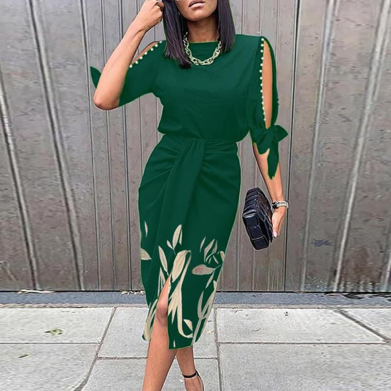 Vintage Print Elegant Women Folds Slim Dress Casual Hollow Out Patchwork Half Sleeve Dress Female Summer Round Neck Party Dress