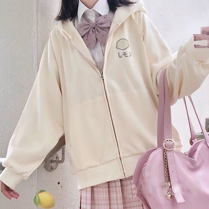 Sixsr Harajuku Sweet Fruit Print Women Hoodie Pocket Spring Loose Thin Zipper Sweatshirt Girl Cute Pink Plus Size Clothes Among Us