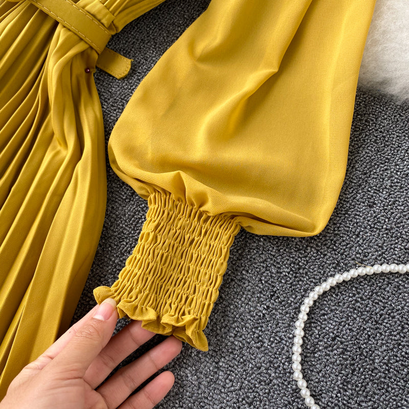 Sixsr Vintage Women Pleated Long Dress Female Elegant Lantern Long Sleeve High Waist Red/Purple Draped Maxi Vestidos Spring Autumn New