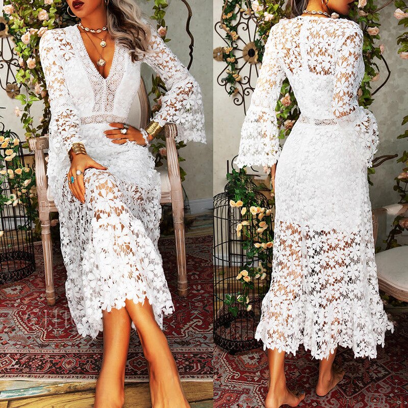 sixsr Fashionable Autumn Women Dress Sexy Lace Long-sleeved V-neck Large-length Ladies Chic Vestidos Wedding Party Bridal Dress