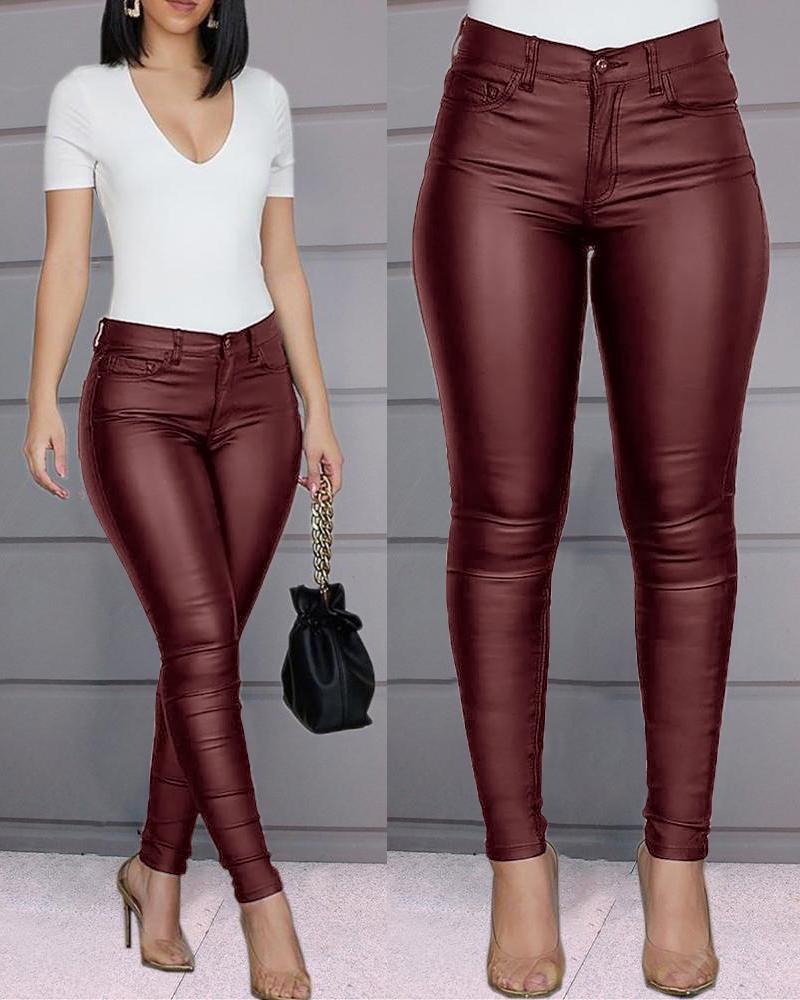 Sixsr Pure Color Leather Casual Pants Small Feet Pants Spring Women Pu Leather Pants Black Sexy Stretch Bodycon Leather Pants High Red