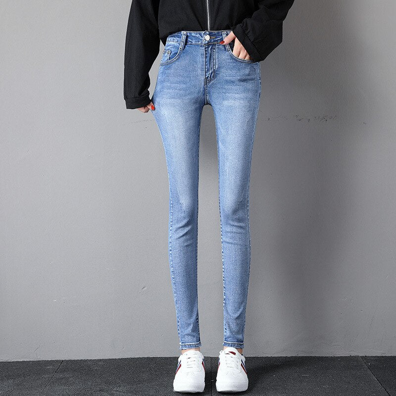 Sixsr Black Women Autumn Washed  Jeans Mid Waist Y2k Cotton Fashion Chic All-match Pants Slim Shinny Stretch Casual Denim Pencil Jeans