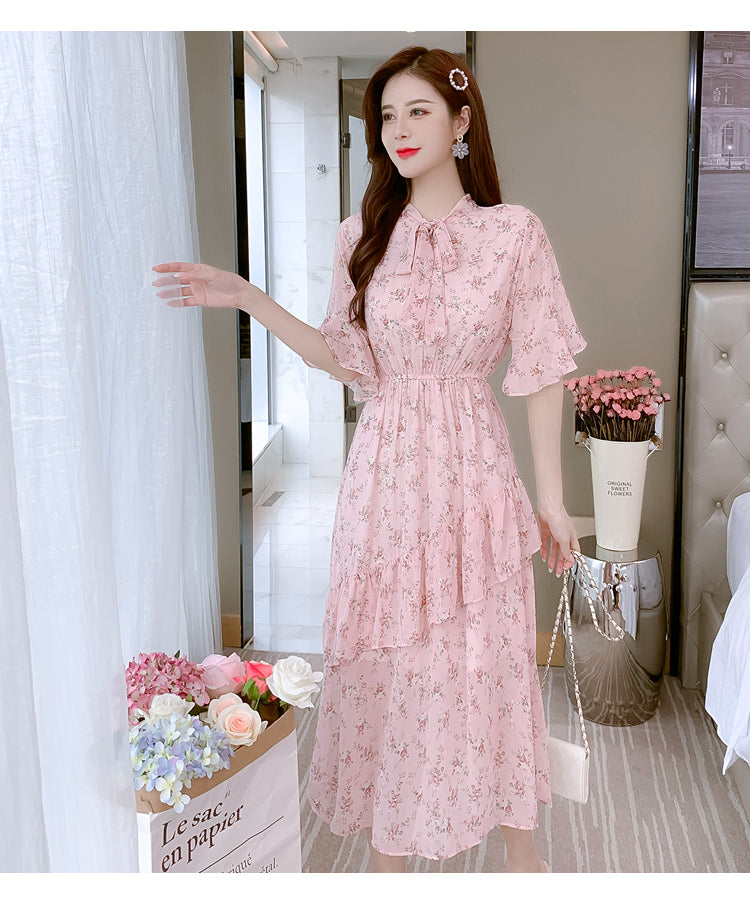 Sixsr Women Mini Dress Spring New V-neck Floral Chiffon Dress High Waist Flare Sleeve Female Dress Woman's Dress KarolyiDora KA88