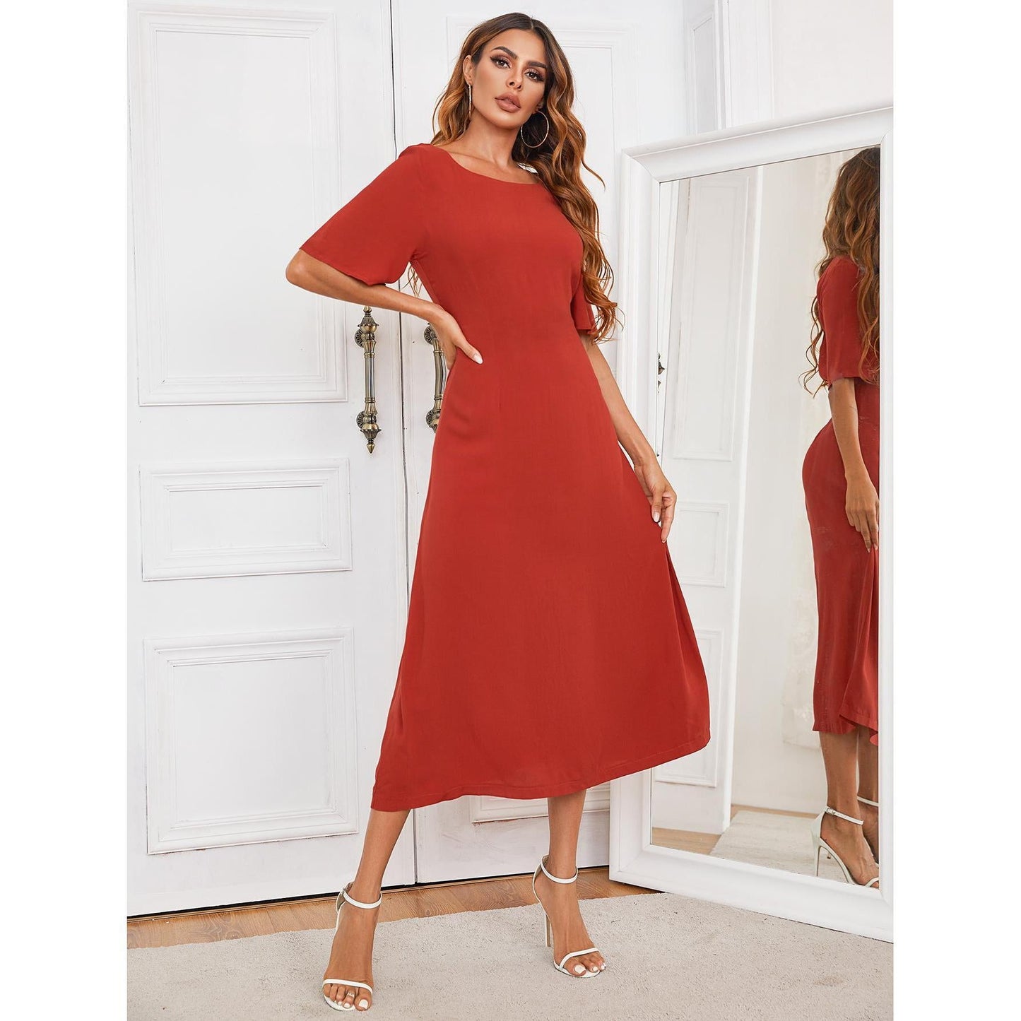 sixsr Hot Women's European and American Round Neck Solid Color Long Dress