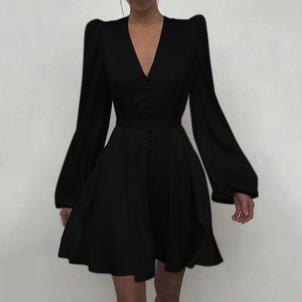 Sixsr High Quality New Women Elegant Solid Ruffle Dress Sexy Lantern Sleeve Satin Slim A-line Dress Spring Autumn V-neck Party Dresses Vestido
