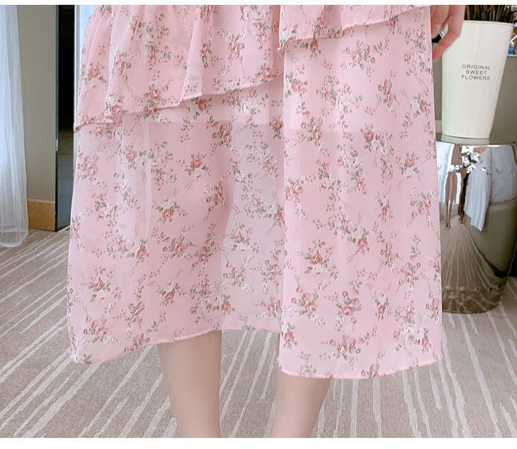 Sixsr Women Mini Dress Spring New V-neck Floral Chiffon Dress High Waist Flare Sleeve Female Dress Woman's Dress KarolyiDora KA88