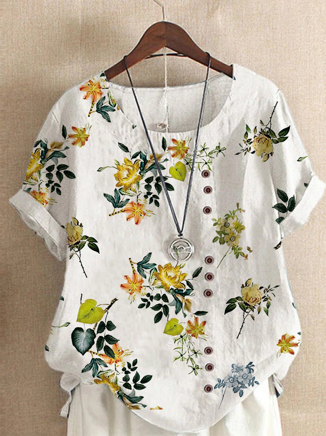 Summer Retro Fashion Printed Loose Casual Shirt Short-sleeved Blouses