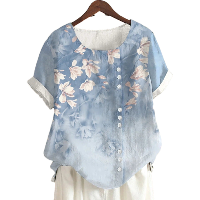 Summer Retro Fashion Printed Loose Casual Shirt Short-sleeved Blouses