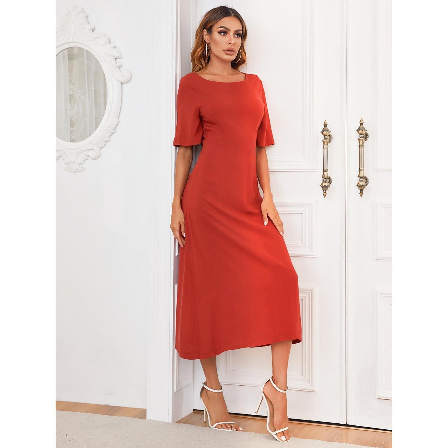 sixsr Hot Women's European and American Round Neck Solid Color Long Dress