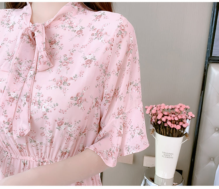 Sixsr Women Mini Dress Spring New V-neck Floral Chiffon Dress High Waist Flare Sleeve Female Dress Woman's Dress KarolyiDora KA88