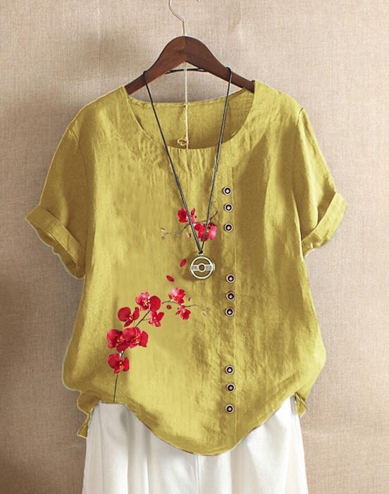 Summer Retro Fashion Printed Loose Casual Shirt Short-sleeved Blouses