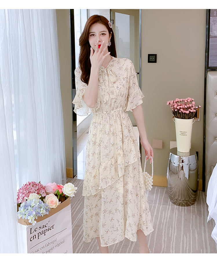Sixsr Women Mini Dress Spring New V-neck Floral Chiffon Dress High Waist Flare Sleeve Female Dress Woman's Dress KarolyiDora KA88