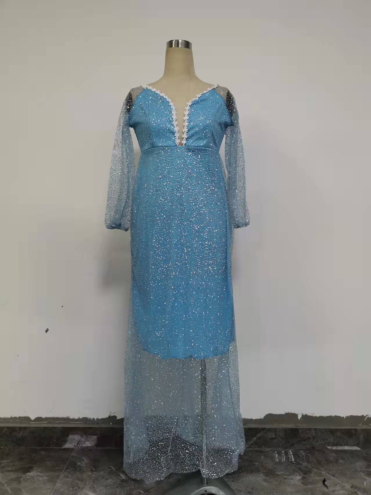 sixsr Women Long Dresses Summer Luxury Sexy Bodycon Party Classy Elegant Chic Wedding Elegant Dinner Club Night Blue Sequins Lace