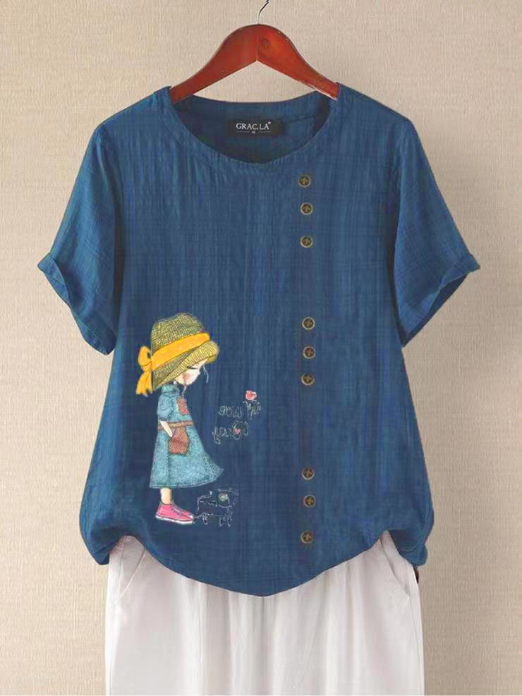 Summer Retro Fashion Printed Loose Casual Shirt Short-sleeved Blouses