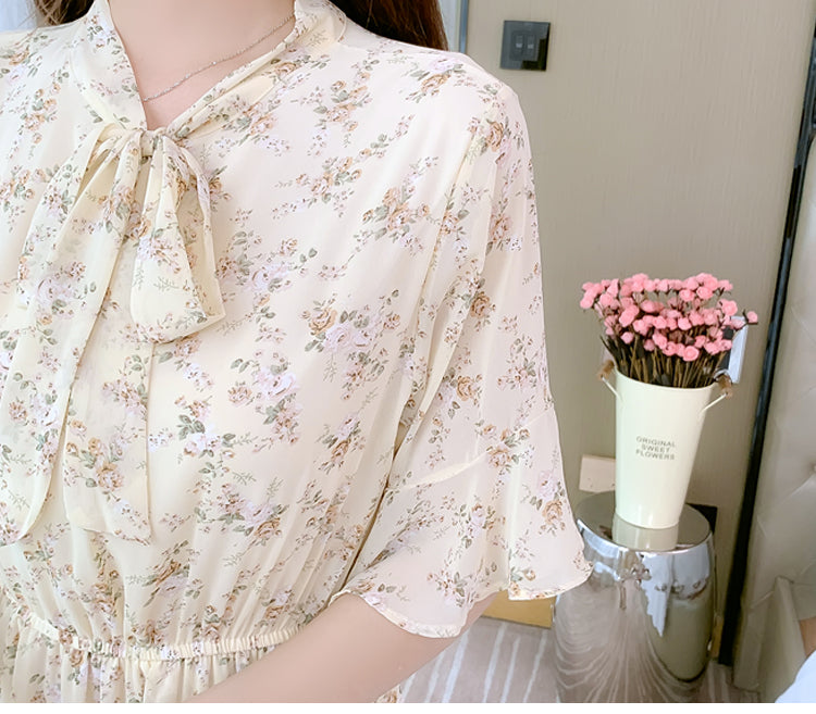 Sixsr Women Mini Dress Spring New V-neck Floral Chiffon Dress High Waist Flare Sleeve Female Dress Woman's Dress KarolyiDora KA88