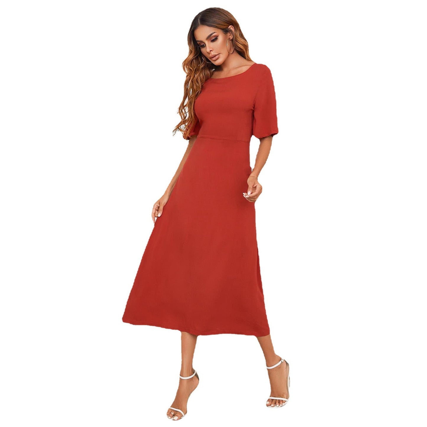 sixsr Hot Women's European and American Round Neck Solid Color Long Dress