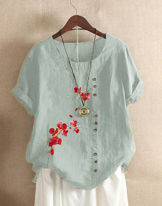 Summer Retro Fashion Printed Loose Casual Shirt Short-sleeved Blouses