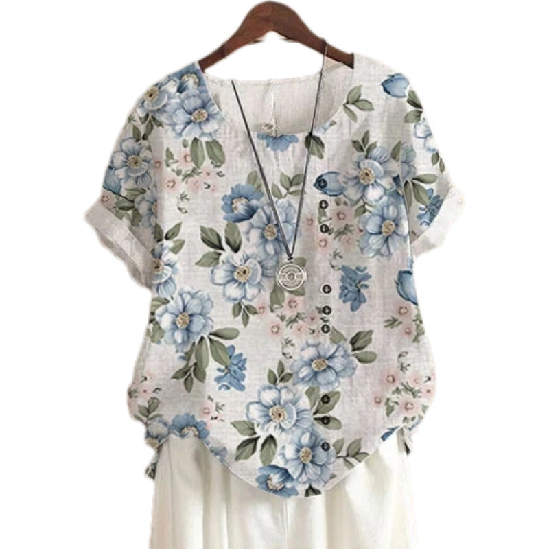 Summer Retro Fashion Printed Loose Casual Shirt Short-sleeved Blouses