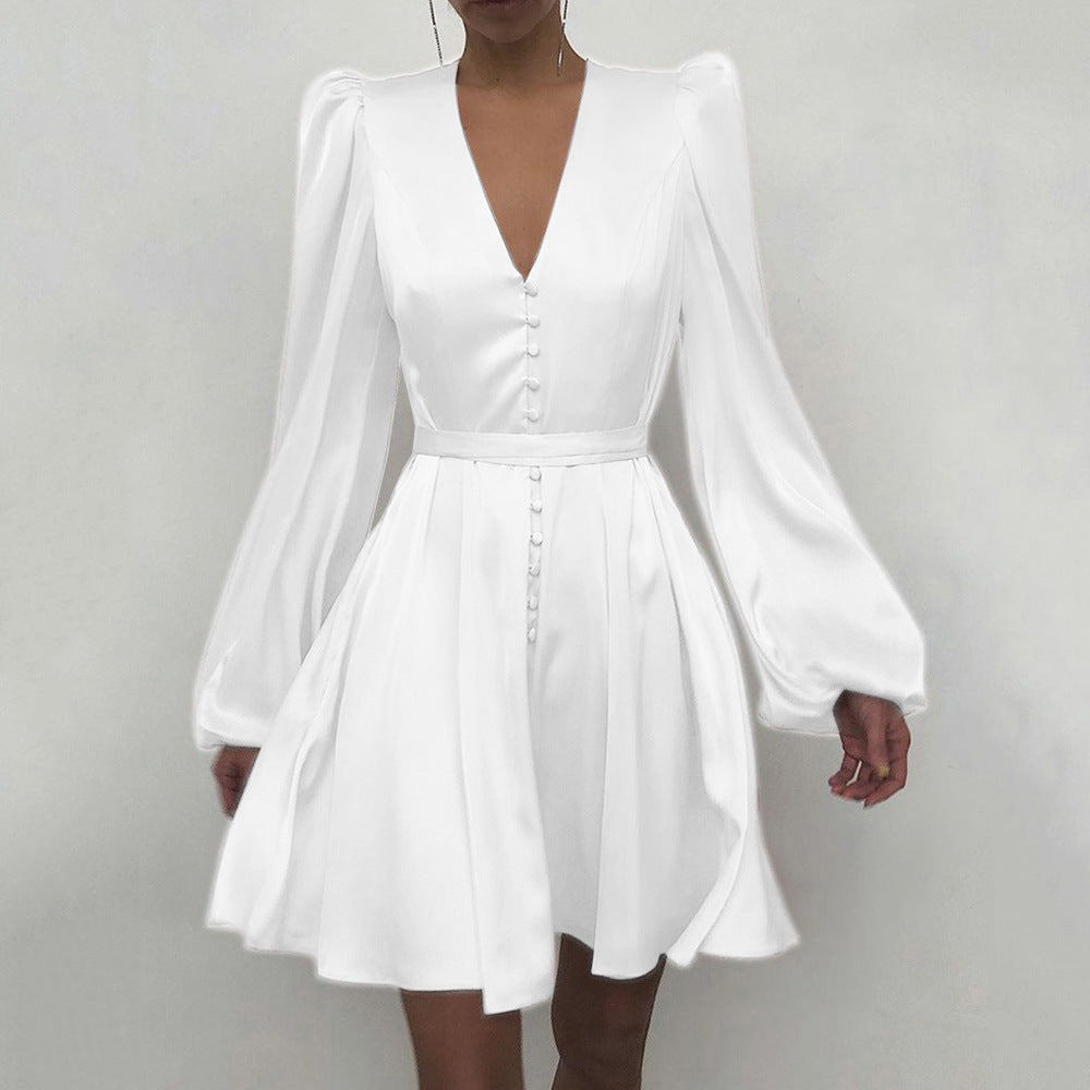Sixsr High Quality New Women Elegant Solid Ruffle Dress Sexy Lantern Sleeve Satin Slim A-line Dress Spring Autumn V-neck Party Dresses Vestido