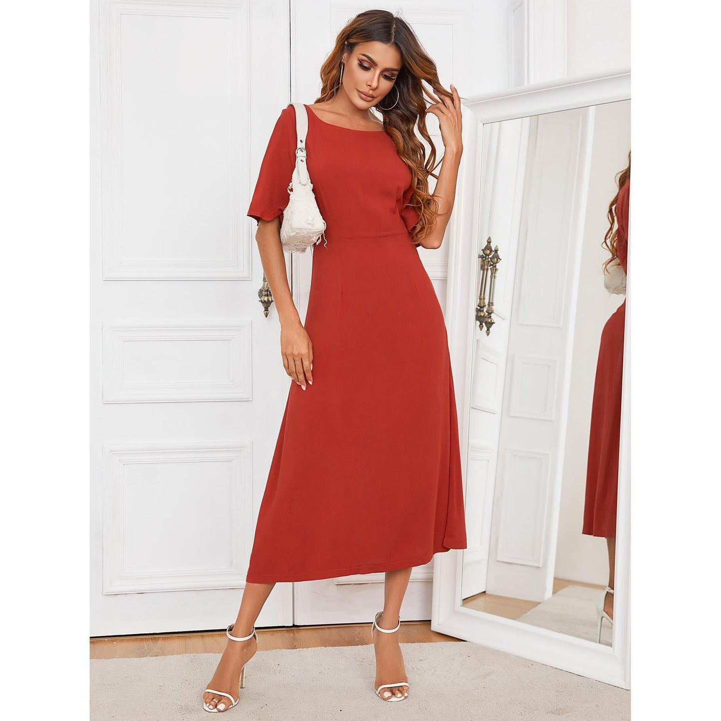 sixsr Hot Women's European and American Round Neck Solid Color Long Dress