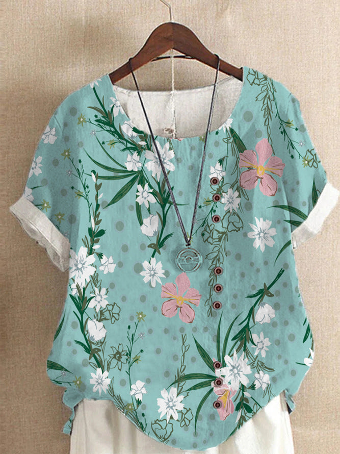 Summer Retro Fashion Printed Loose Casual Shirt Short-sleeved Blouses