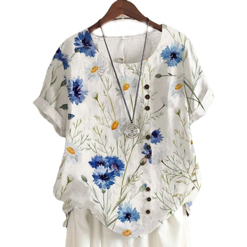 Summer Retro Fashion Printed Loose Casual Shirt Short-sleeved Blouses