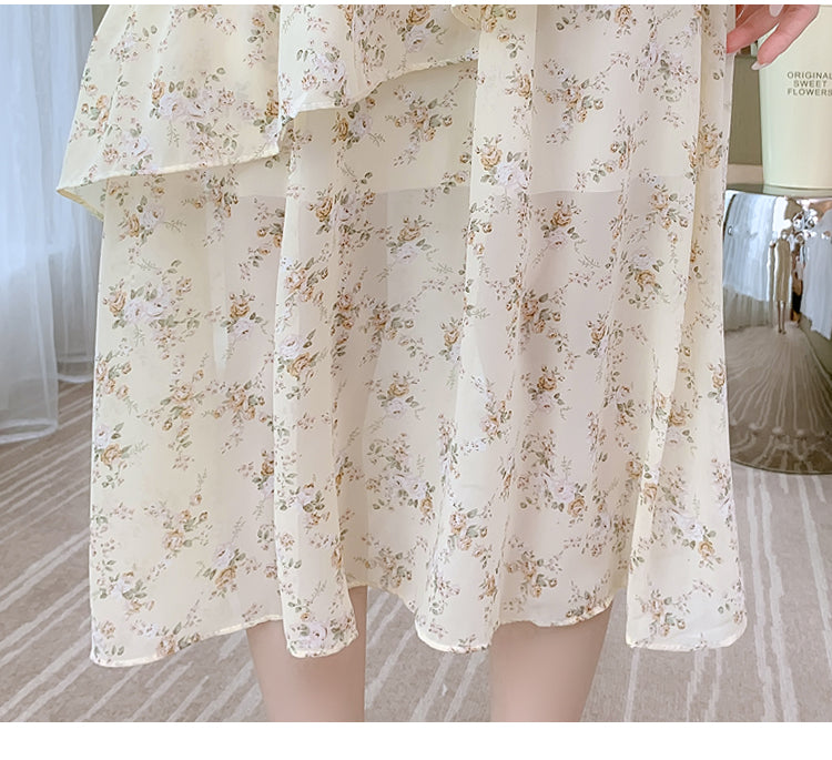Sixsr Women Mini Dress Spring New V-neck Floral Chiffon Dress High Waist Flare Sleeve Female Dress Woman's Dress KarolyiDora KA88