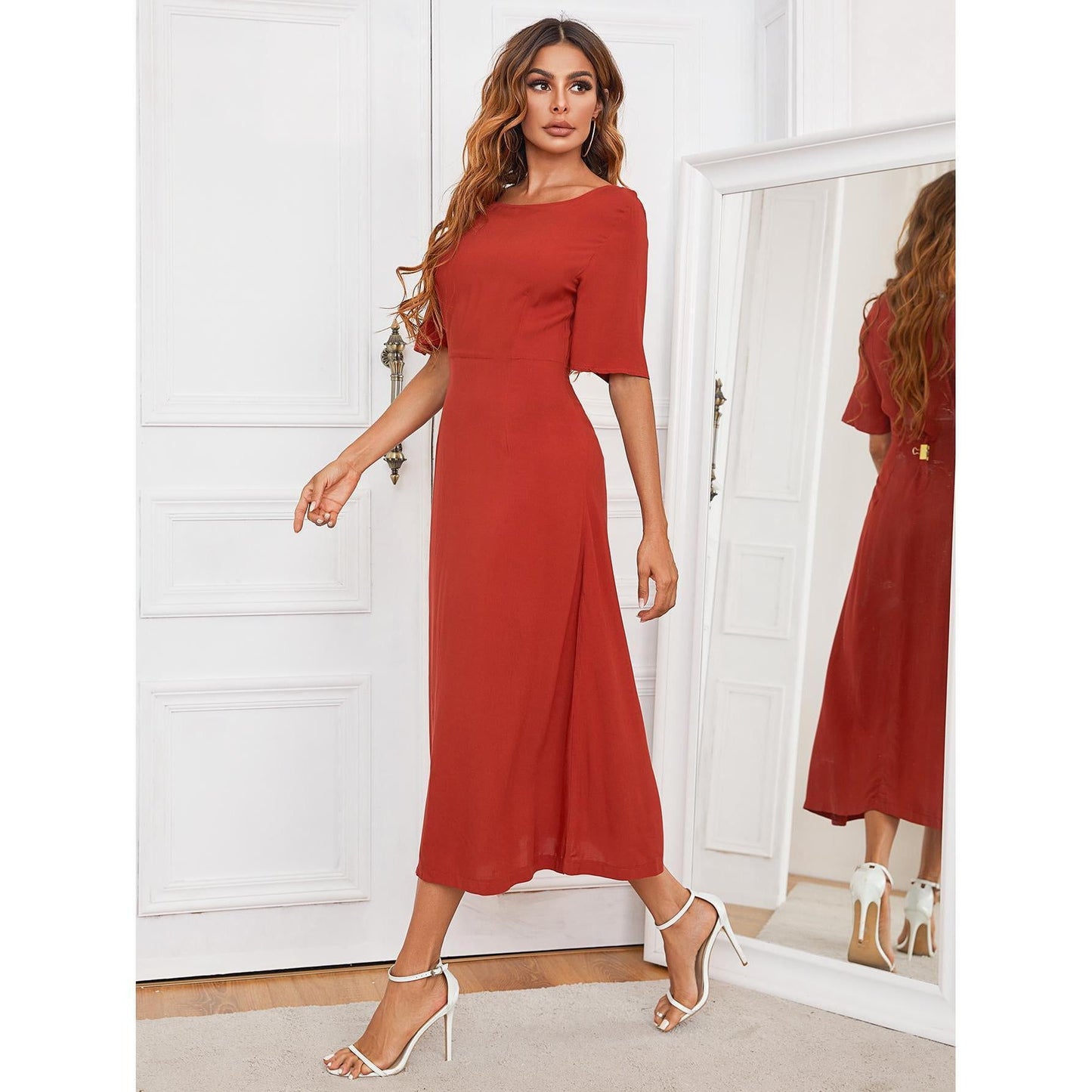 sixsr Hot Women's European and American Round Neck Solid Color Long Dress