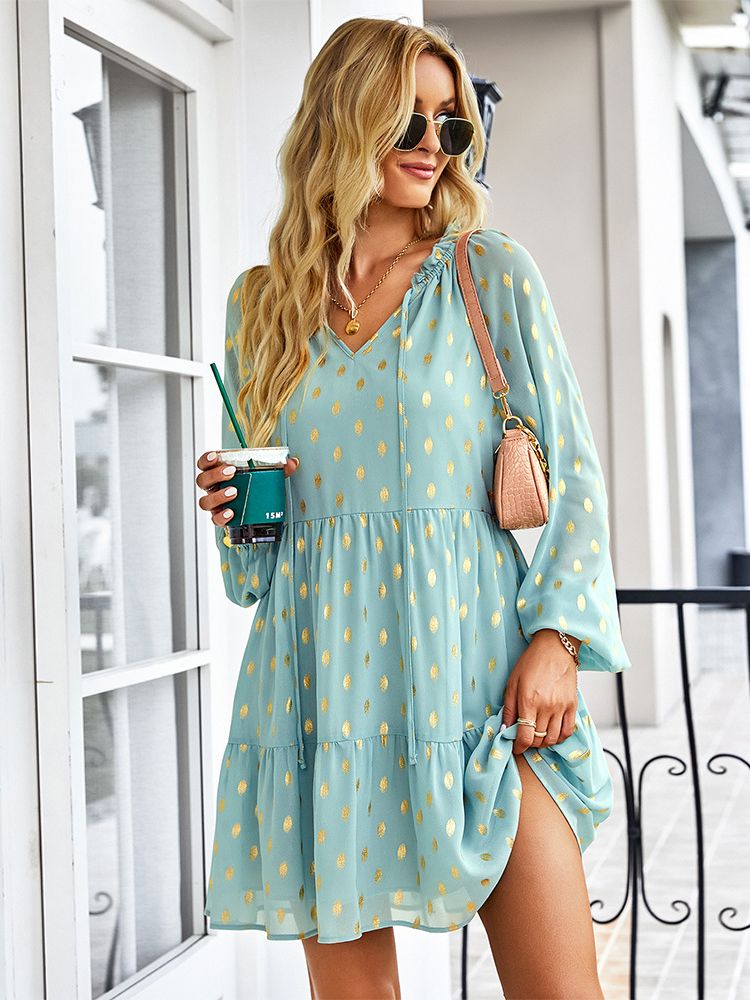 Ladies Vintage Dot Print Short Spring Autumn Boho Chiffon Dress Women Casual Party Dress Women Sundress Female Robe Vestidos
