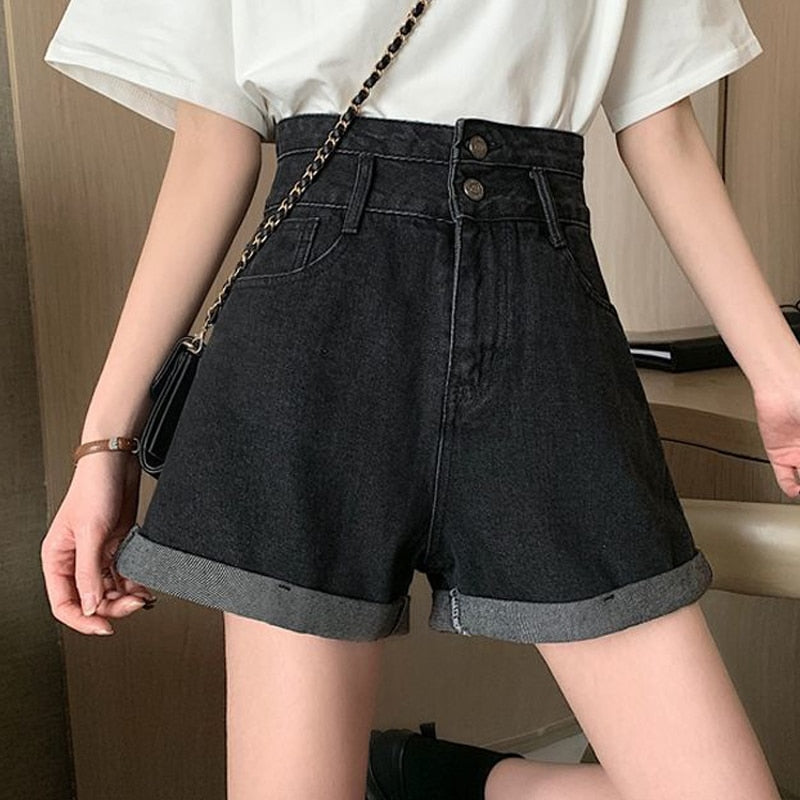 Black Denim Double-breasted Shorts Women Summer Hot Girls College All-match Solid Younger Ins Prevalent High Waist Casual Mujer
