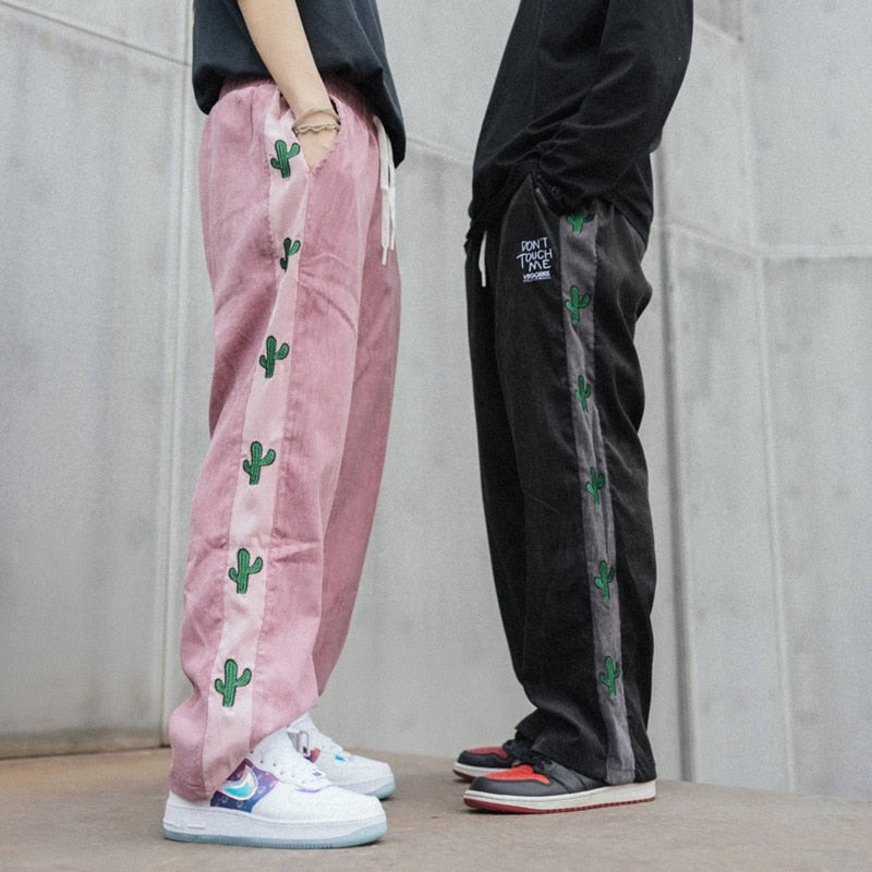 Sixsr American Sweatpants Men and Women Side Stripe Plant Embroidery Joggers Trousers Pants Elastic Waist Straight Baggy Streetwear