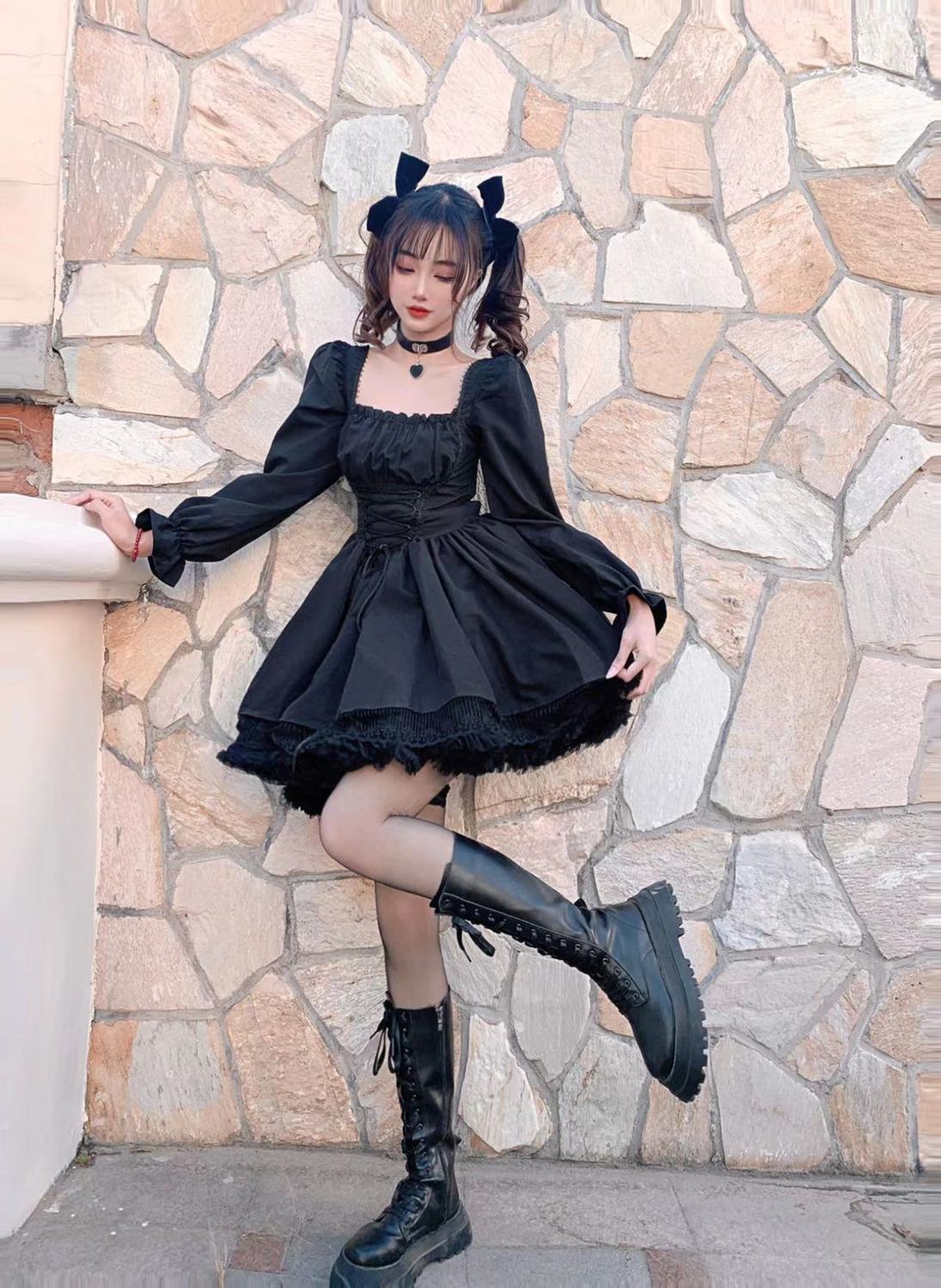 sixsr Womens New Trends White Lolita Dress Kawaii Vinatge Long Sleeve Mini Dresses Black Gothic Bandage Lace Patchwork Streetwear Square Collar